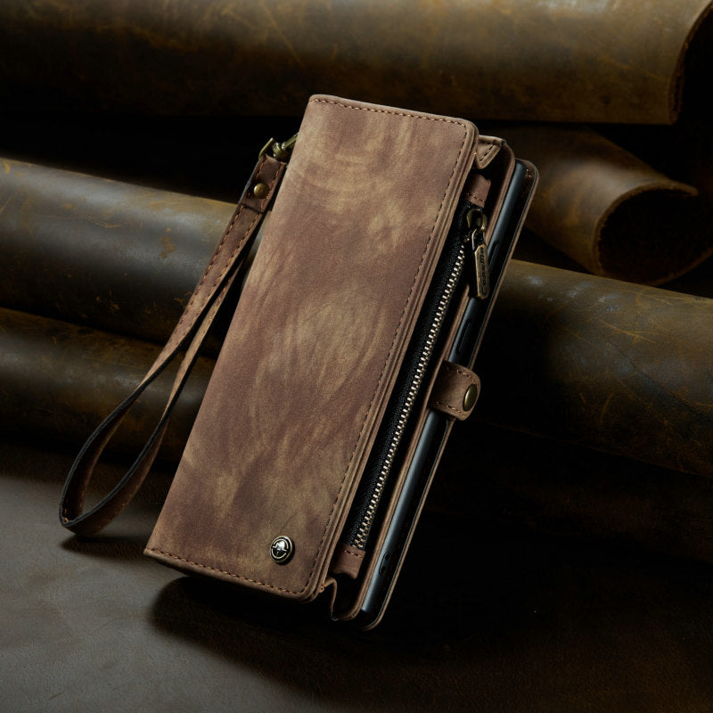 CaseMe Luxury Retro Leather Galaxy S22 Ultra Case Wrist Strap Leather Wallet Case ID Card Pocket Black Blue Red Coffee