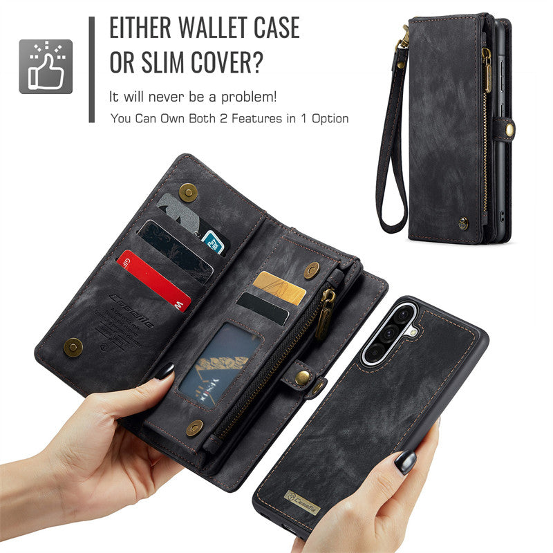 CaseMe Luxury Retro Leather Galaxy A26 Case Wrist Strap Wallet Case Card Pocket Black Blue Red Coffee Pink