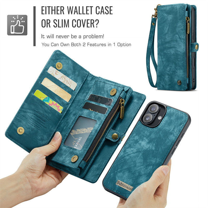 CaseMe Luxury Retro Leather Case for iPhone 16Plus Wrist Strap Wallet Case Card Pocket Black Blue Red Coffee Pink