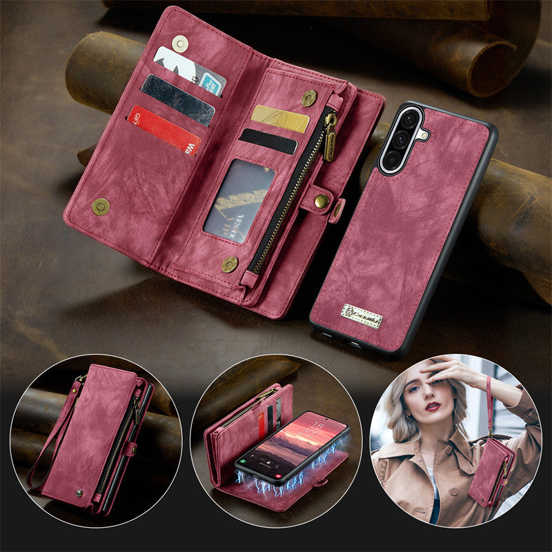 CaseMe Luxury Retro Leather Galaxy A26 Case Wrist Strap Wallet Case Card Pocket Black Blue Red Coffee Pink