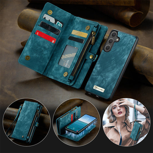 CaseMe Luxury Retro Leather Galaxy S25 Plus Case Wrist Strap Leather Wallet Case ID Card Pocket Black Blue Red Coffee