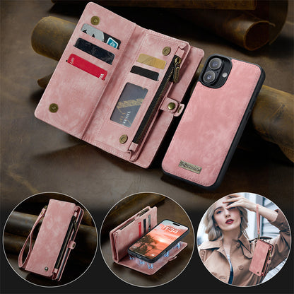 CaseMe Luxury Retro Leather Case for iPhone 16Plus Wrist Strap Wallet Case Card Pocket Black Blue Red Coffee Pink
