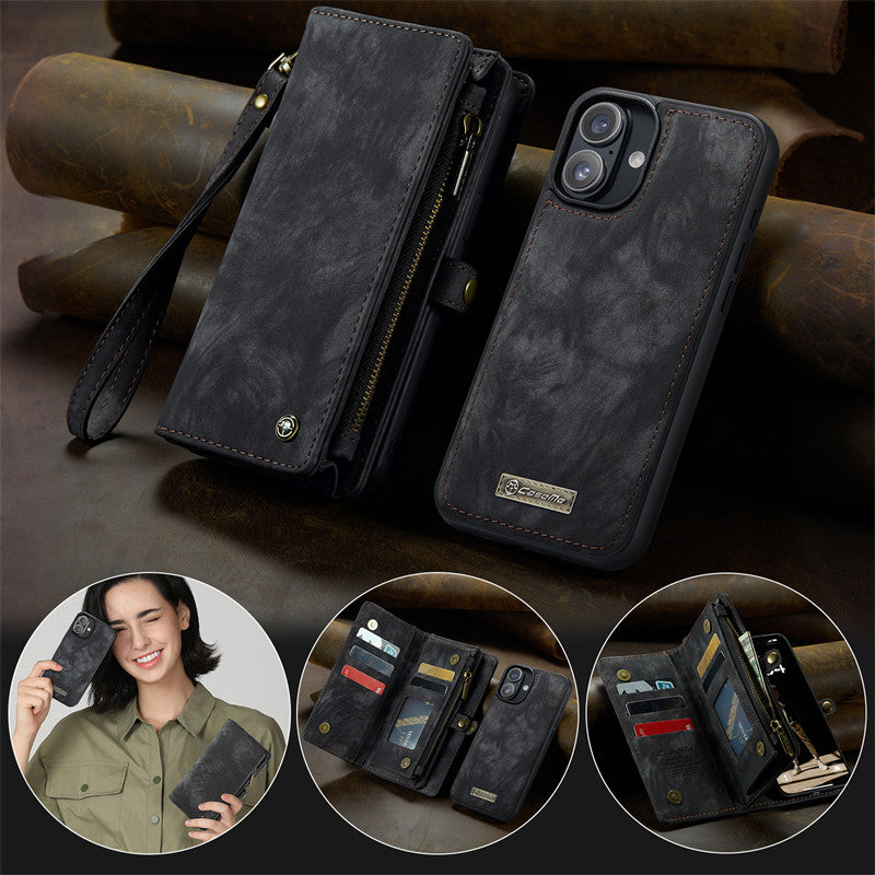 CaseMe Luxury Retro Leather Case for iPhone 16Plus Wrist Strap Wallet Case Card Pocket Black Blue Red Coffee Pink