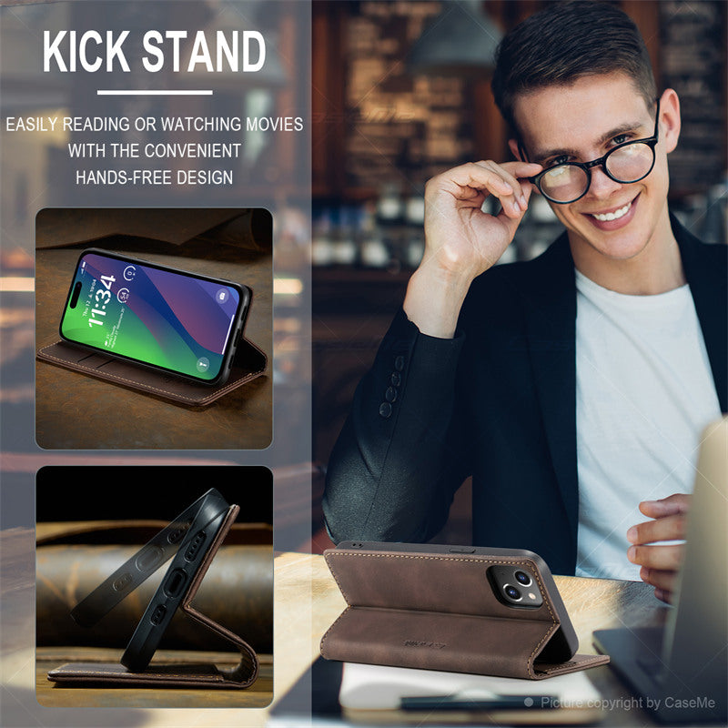 CaseMe Flip Case for iPhone 15 Leather Cover Wallet Case Black Brown Blue Red Coffee