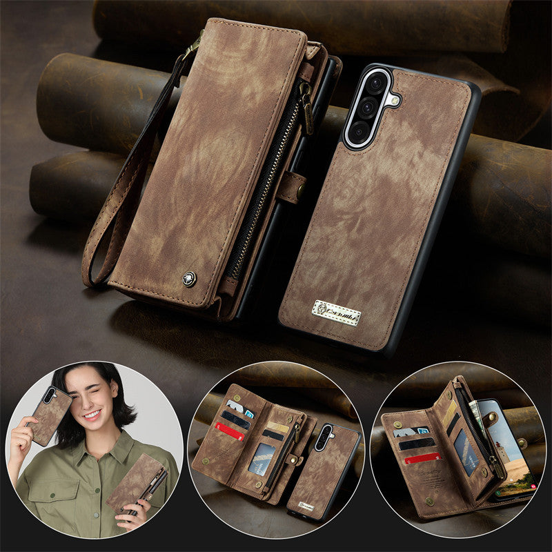 CaseMe Luxury Retro Leather Galaxy A26 Case Wrist Strap Wallet Case Card Pocket Black Blue Red Coffee Pink