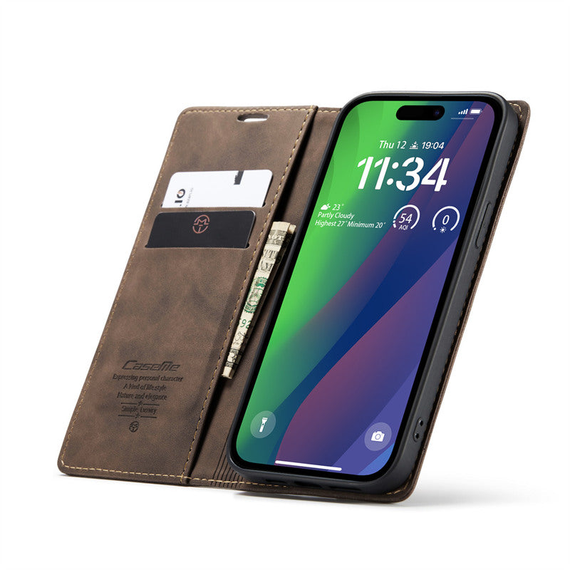CaseMe Flip Case for iPhone 15 Leather Cover Wallet Case Black Brown Blue Red Coffee