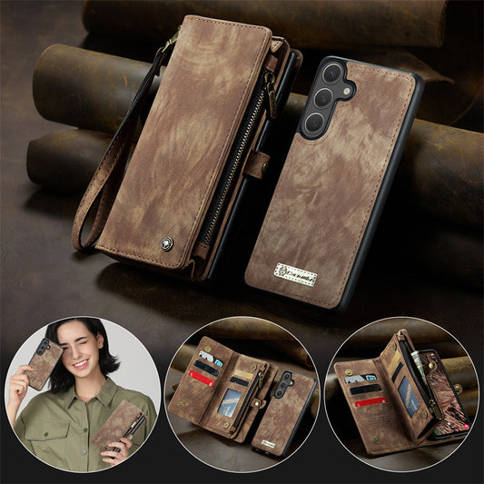 CaseMe Luxury Retro Leather Galaxy S24 Plus Case Wrist Strap Leather Wallet Case ID Card Pocket Black Blue Red Coffee