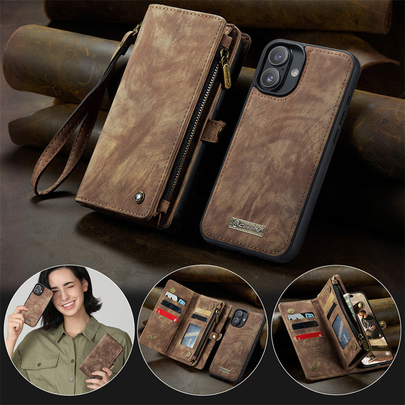 CaseMe Luxury Retro Leather Case for iPhone 16Plus Wrist Strap Wallet Case Card Pocket Black Blue Red Coffee Pink