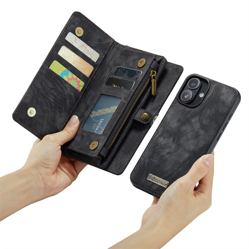 CaseMe Luxury Retro Leather Case for iPhone 16Plus Wrist Strap Wallet Case Card Pocket Black Blue Red Coffee Pink