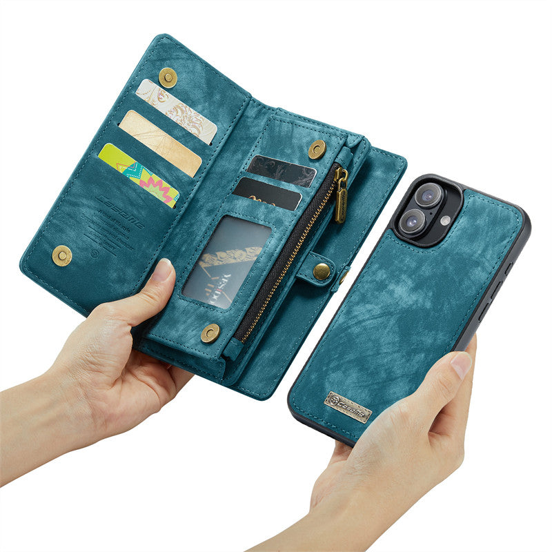 CaseMe Luxury Retro Leather Case for iPhone 16Plus Wrist Strap Wallet Case Card Pocket Black Blue Red Coffee Pink