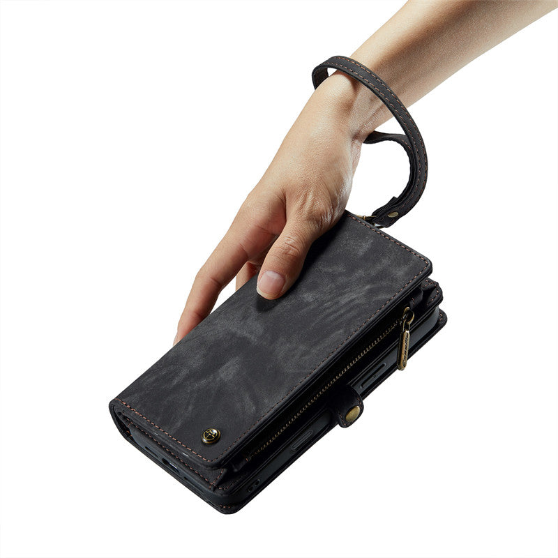 CaseMe Luxury Retro Leather Case for iPhone 16Plus Wrist Strap Wallet Case Card Pocket Black Blue Red Coffee Pink