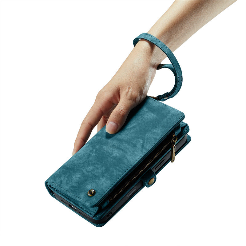 CaseMe Luxury Retro Leather Case for iPhone 16Plus Wrist Strap Wallet Case Card Pocket Black Blue Red Coffee Pink