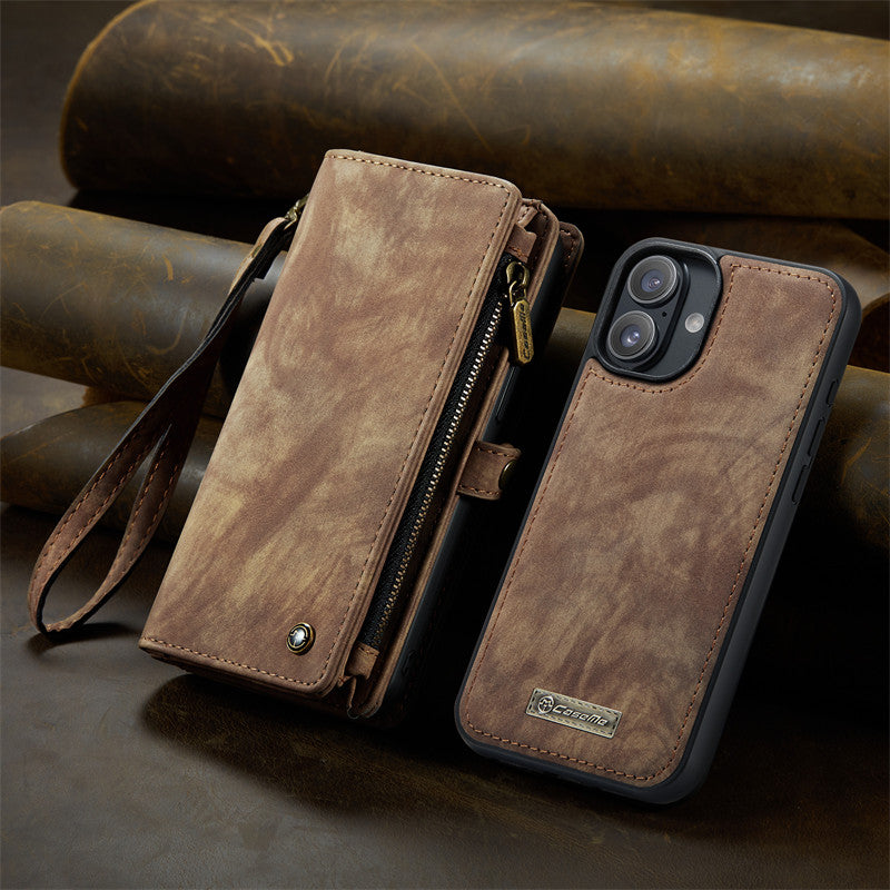 CaseMe Luxury Retro Leather Case for iPhone 16Plus Wrist Strap Wallet Case Card Pocket Black Blue Red Coffee Pink