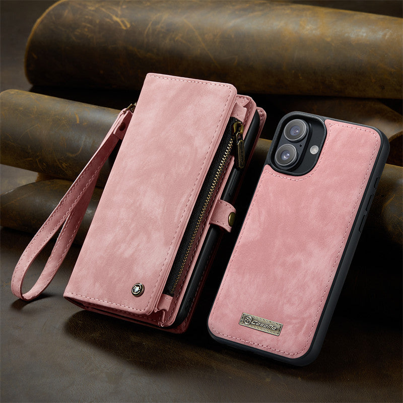 CaseMe Luxury Retro Leather Case for iPhone 16Plus Wrist Strap Wallet Case Card Pocket Black Blue Red Coffee Pink