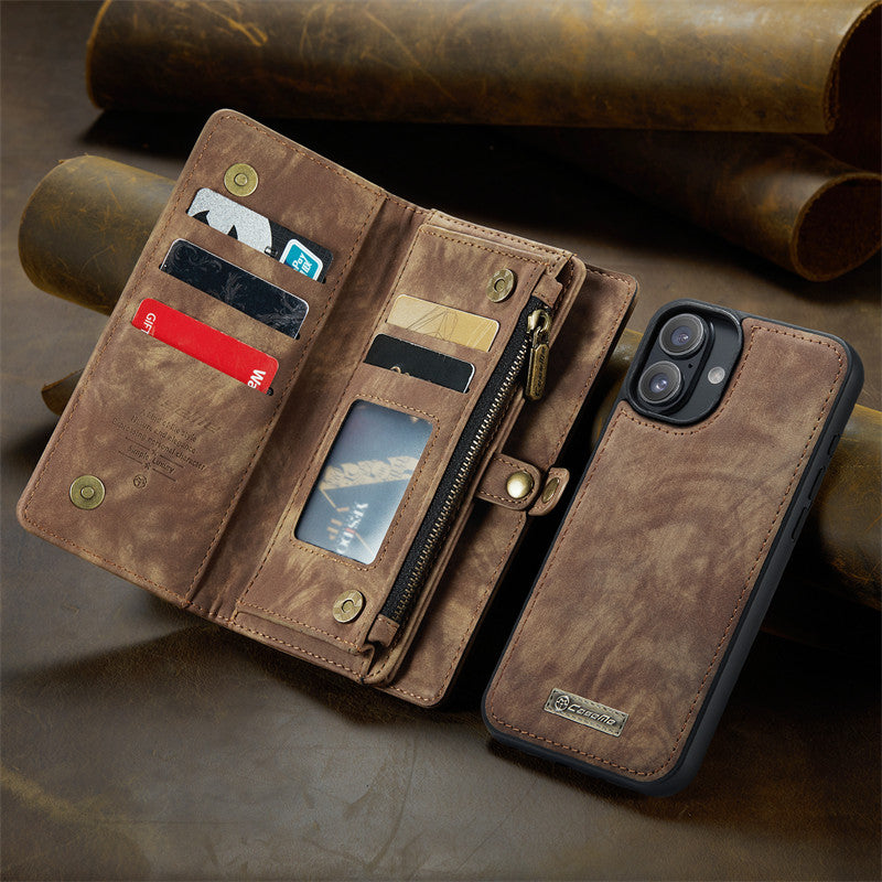 CaseMe Luxury Retro Leather Case for iPhone 16Plus Wrist Strap Wallet Case Card Pocket Black Blue Red Coffee Pink