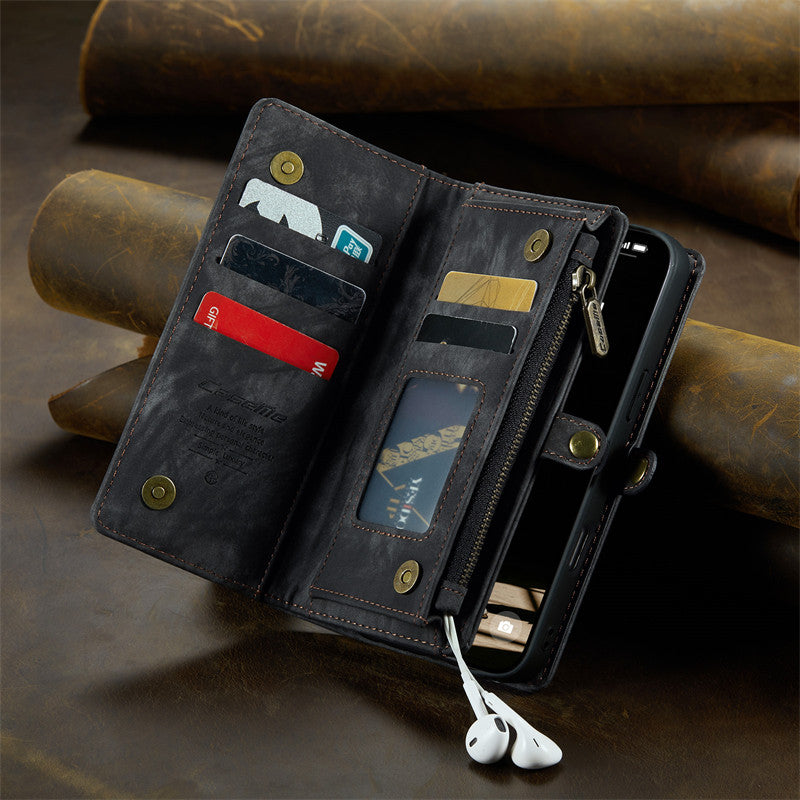 CaseMe Luxury Retro Leather Case for iPhone 16Plus Wrist Strap Wallet Case Card Pocket Black Blue Red Coffee Pink