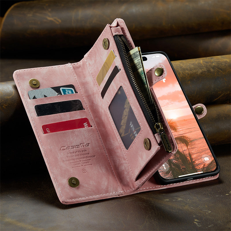 CaseMe Luxury Retro Leather Case for iPhone 16Plus Wrist Strap Wallet Case Card Pocket Black Blue Red Coffee Pink