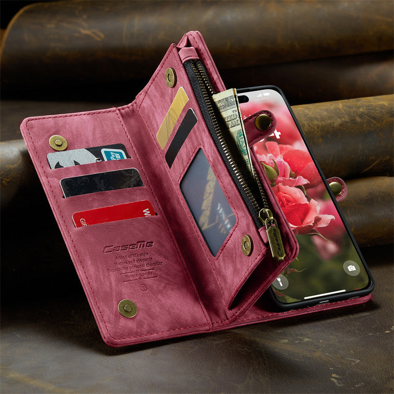 CaseMe Luxury Retro Leather Case for iPhone 16Plus Wrist Strap Wallet Case Card Pocket Black Blue Red Coffee Pink