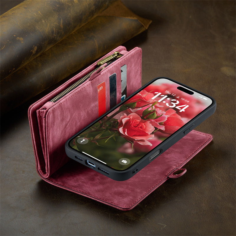 CaseMe Luxury Retro Leather Case for iPhone 16Plus Wrist Strap Wallet Case Card Pocket Black Blue Red Coffee Pink