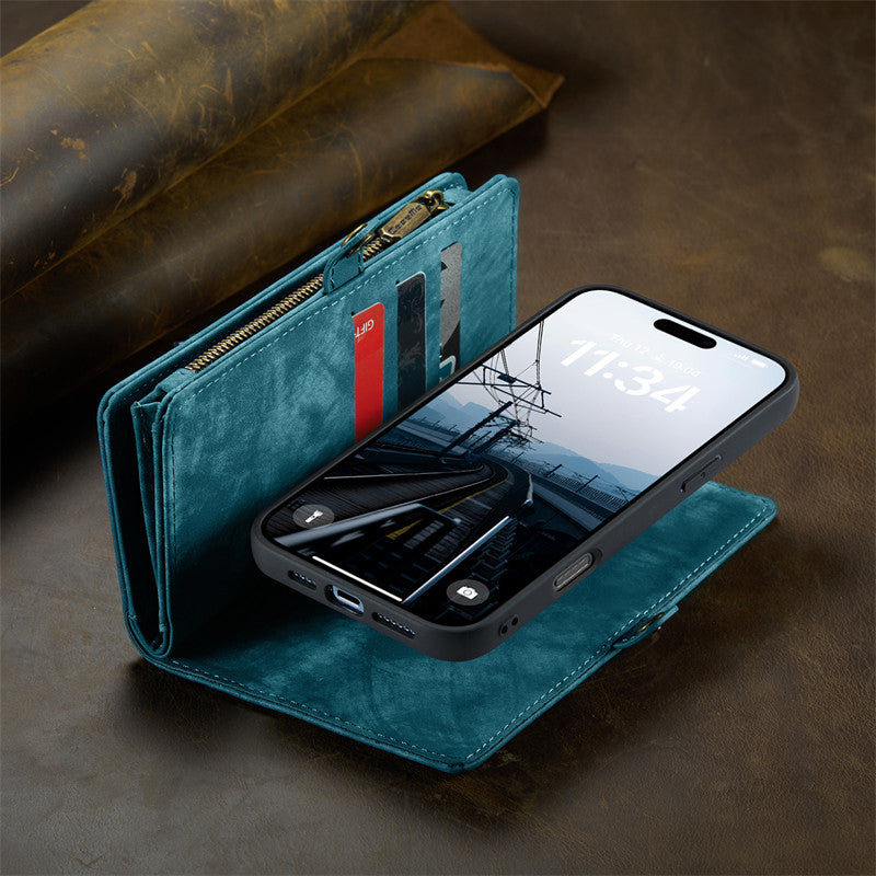 CaseMe Luxury Retro Leather Case for iPhone 16Plus Wrist Strap Wallet Case Card Pocket Black Blue Red Coffee Pink