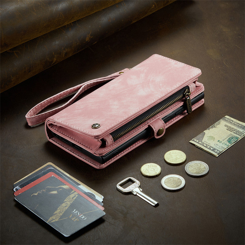 CaseMe Luxury Retro Leather Case for iPhone 16Plus Wrist Strap Wallet Case Card Pocket Black Blue Red Coffee Pink