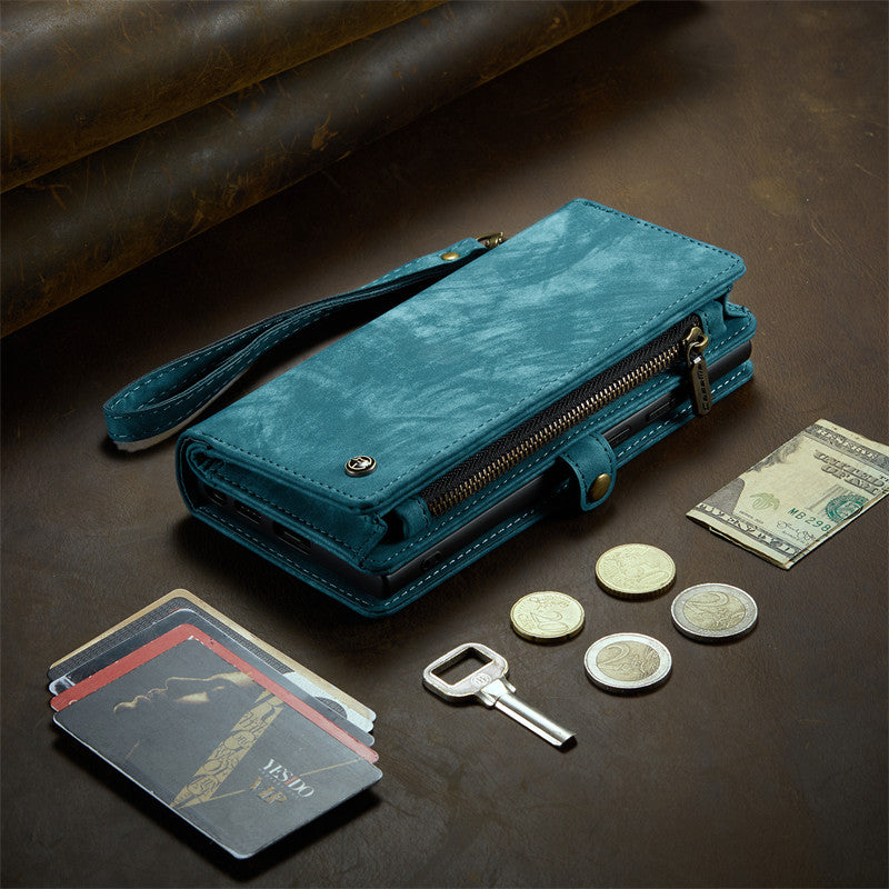 CaseMe Luxury Retro Leather Case for iPhone 16Plus Wrist Strap Wallet Case Card Pocket Black Blue Red Coffee Pink