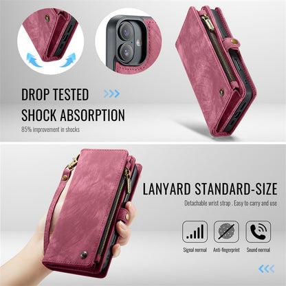 CaseMe Luxury Retro Leather Case for iPhone 16Plus Wrist Strap Wallet Case Card Pocket Black Blue Red Coffee Pink