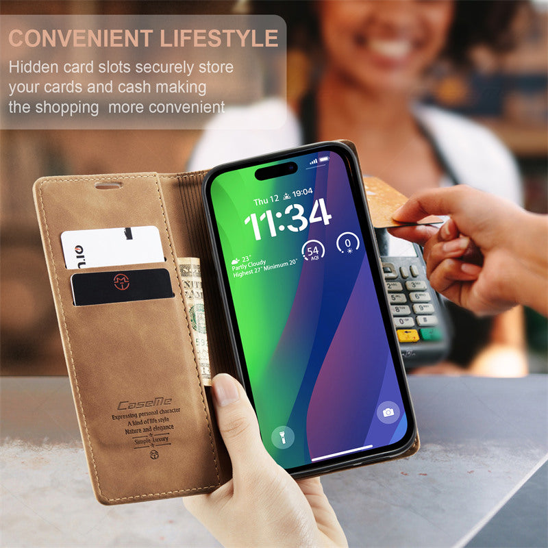 CaseMe Flip Case for iPhone 15 Leather Cover Wallet Case Black Brown Blue Red Coffee