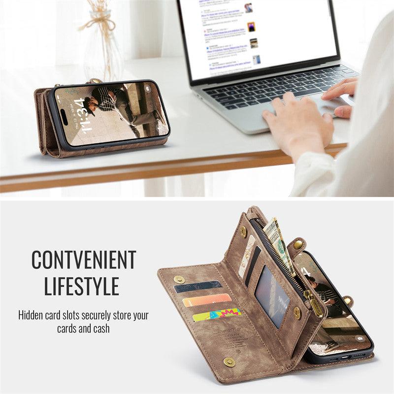 CaseMe Luxury Retro Leather Case for iPhone 16Plus Wrist Strap Wallet Case Card Pocket Black Blue Red Coffee Pink