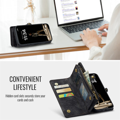 CaseMe Luxury Retro Leather Case for iPhone 16Plus Wrist Strap Wallet Case Card Pocket Black Blue Red Coffee Pink