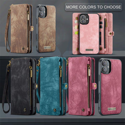 CaseMe Luxury Retro Leather Case for iPhone 16Plus Wrist Strap Wallet Case Card Pocket Black Blue Red Coffee Pink