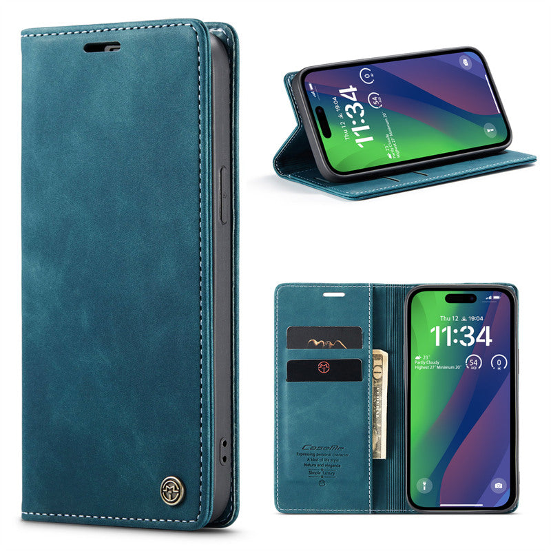 CaseMe Flip Case for iPhone 15 Leather Cover Wallet Case Black Brown Blue Red Coffee