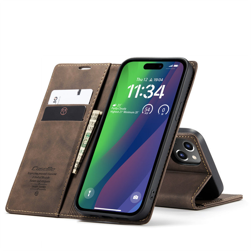 CaseMe Flip Case for iPhone 15 Leather Cover Wallet Case Black Brown Blue Red Coffee