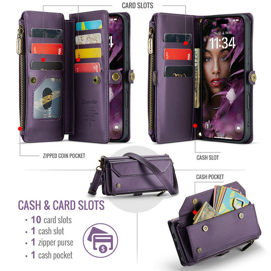 CaseMe Luxury Retro Leather Case for iPhone 16e Wrist Strap Wallet Case Card Pocket Black Blue Red Coffee Pink