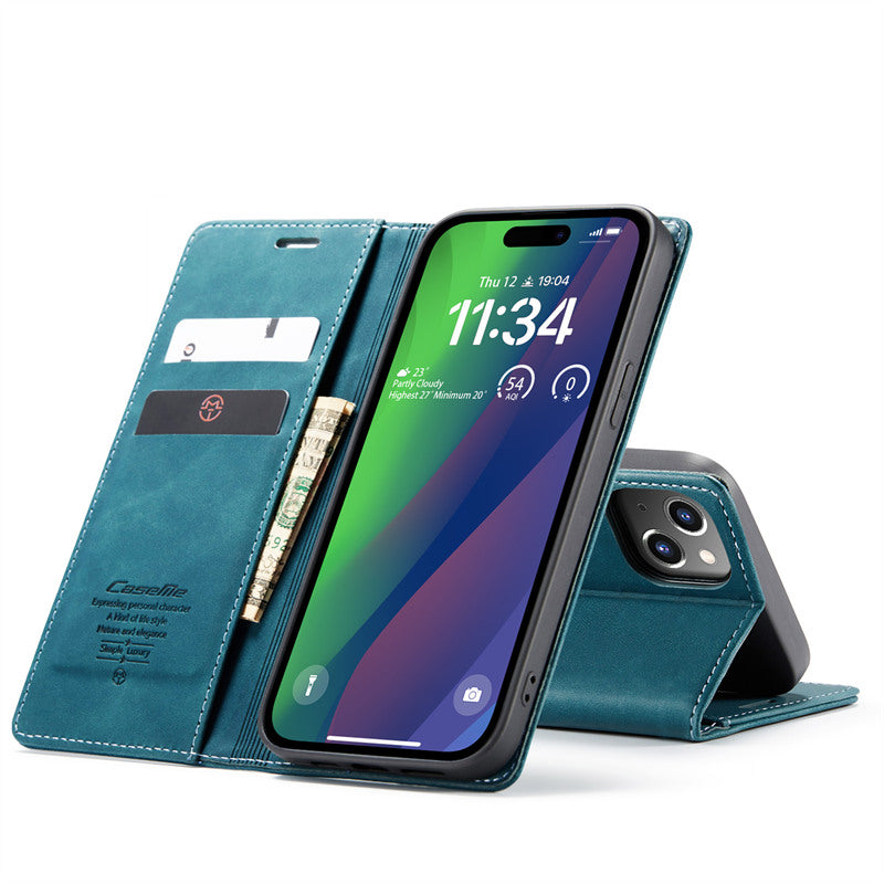 CaseMe Flip Case for iPhone 15 Leather Cover Wallet Case Black Brown Blue Red Coffee