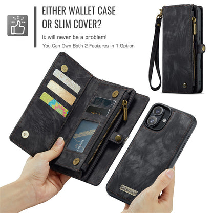CaseMe Luxury Retro Leather Case for iPhone 16Plus Wrist Strap Wallet Case Card Pocket Black Blue Red Coffee Pink
