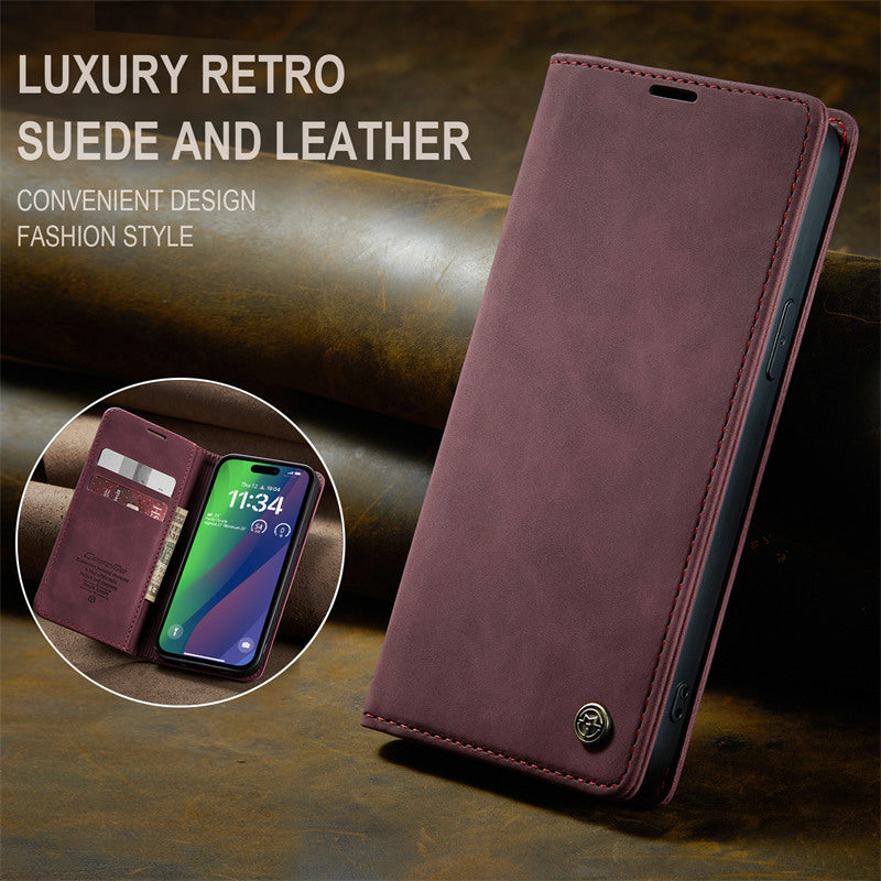 CaseMe Flip Case for iPhone 15 Leather Cover Wallet Case Black Brown Blue Red Coffee