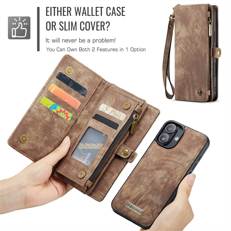 CaseMe Luxury Retro Leather Case for iPhone 16Plus Wrist Strap Wallet Case Card Pocket Black Blue Red Coffee Pink